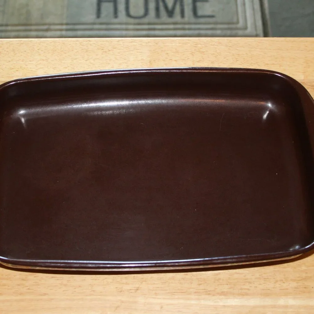 Vintage Brown Enamelware Baking Pan with White and Red Flower Pattern